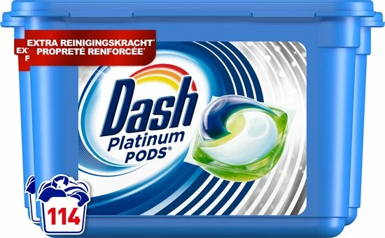Dash Platinum Wasmiddel Pods - Wascapsules - Extra Reinigingskracht - Voordeelverpakking 3 X 38 Wasbeurten 3 Dash Platinum Wasmiddel Pods - Wascapsules - Extra Reinigingskracht - Voordeelverpakking 3 X 38 Wasbeurten