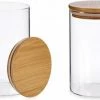 Merkloos Glazen Voorraadpot – Bewaarpot – Pastapot – Koekpot – Snoeppot – Muesli Bewaarbus – Rond – Glas – Borosilicaatglas – Met Houten Deksel – 1,1 Liter – Hermetisch Afsluitbaar – Luchtdicht