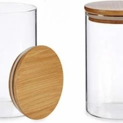 Merkloos Glazen Voorraadpot – Bewaarpot – Pastapot – Koekpot – Snoeppot – Muesli Bewaarbus – Rond – Glas – Borosilicaatglas – Met Houten Deksel – 1,1 Liter – Hermetisch Afsluitbaar – Luchtdicht