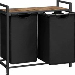 VASAGLE Wasmand, Wasverzamelaar, 2 Vakken, Met Plank, Wassorteerbak, Metalen Frame, 2 Uitneembare Vakken Van Oxford Stof, Met Klittenbandsluiting, Vintage Bruin-zwart BLH201B01