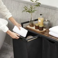 VASAGLE Wasmand, Wasverzamelaar, 2 Vakken, Met Plank, Wassorteerbak, Metalen Frame, 2 Uitneembare Vakken Van Oxford Stof, Met Klittenbandsluiting, Vintage Bruin-zwart BLH201B01 -Lesser & Pavey-winkel 550x532 10