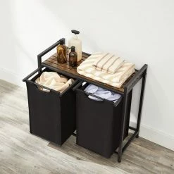 VASAGLE Wasmand, Wasverzamelaar, 2 Vakken, Met Plank, Wassorteerbak, Metalen Frame, 2 Uitneembare Vakken Van Oxford Stof, Met Klittenbandsluiting, Vintage Bruin-zwart BLH201B01 -Lesser & Pavey-winkel 550x532 9