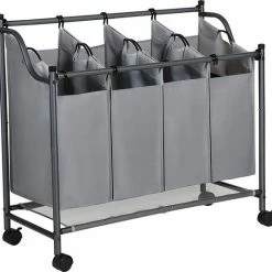 Acaza Stevige Wassorteerder - Wasmand Op Wieltjes Met 4 Uitneembare Vakken - 140L - Grijs