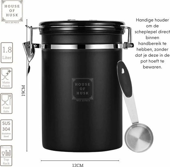 House Of Husk Koffieblik Met CO² Ventilatie - Bewaarblik - Voorraadbussen - Voorraadblik - RVS - Zwart - 1.8 Liter 5 House Of Husk Koffieblik Met CO² Ventilatie - Bewaarblik - Voorraadbussen - Voorraadblik - RVS - Zwart - 1.8 Liter - Afbeelding 3