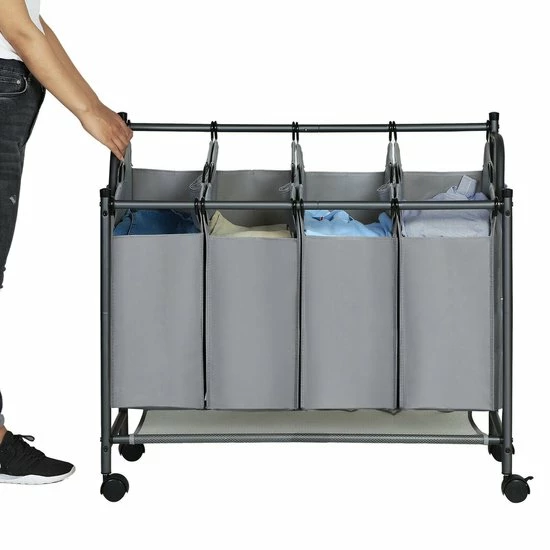 Acaza Stevige Wassorteerder - Wasmand Op Wieltjes Met 4 Uitneembare Vakken - 140L - Grijs 9 Acaza Stevige Wassorteerder - Wasmand Op Wieltjes Met 4 Uitneembare Vakken - 140L - Grijs - Afbeelding 7
