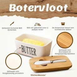KitchenMonster® Botervloot Met Botermes - 600 Ml Botervlootje Vershouddoos Van Porselein En Bamboe - Botervloot Met Deksel Wit -Lesser & Pavey-winkel 550x550 296