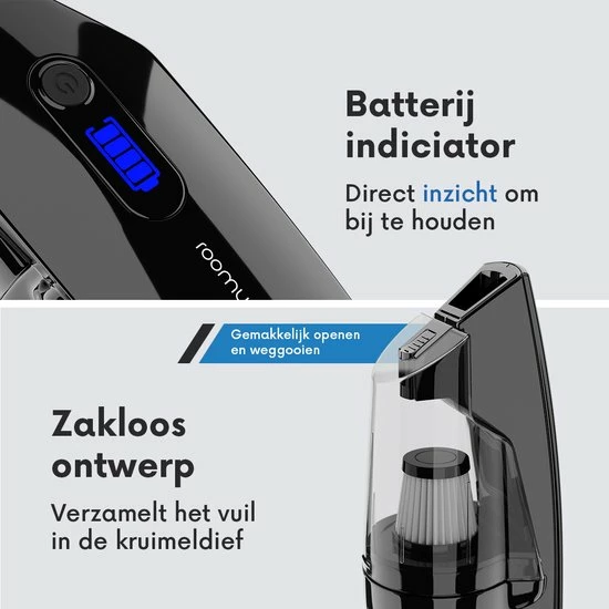 ROOMWARE® Pro Kruimeldief Snoerloos 11.000 Pa – Draadloze Stofzuiger - Handstofzuiger & Kruimelzuiger – HEPA Filter 5 ROOMWARE® Pro Kruimeldief Snoerloos 11.000 Pa – Draadloze Stofzuiger - Handstofzuiger & Kruimelzuiger – HEPA Filter - Afbeelding 3