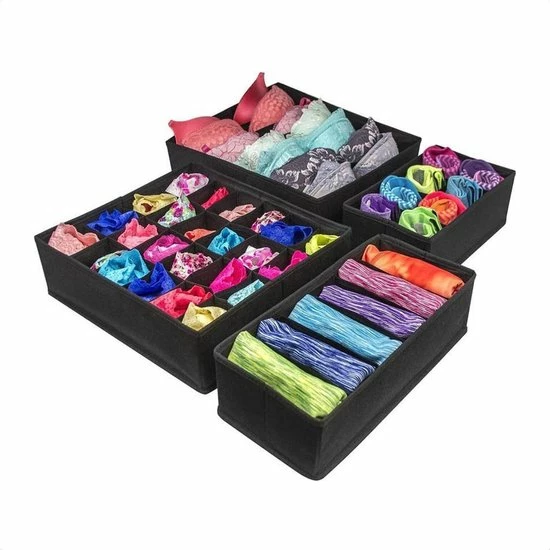 Buxibo Kleding Opbergbox Set - Opvouwbare Kastlade Verdeler / Onder Bed Organizer Opberger - BH/Sokken/Ondergoed - Opbergsysteem Met Vakken - 4 Stuks - Zwart 3 Buxibo Kleding Opbergbox Set - Opvouwbare Kastlade Verdeler / Onder Bed Organizer Opberger - BH/Sokken/Ondergoed - Opbergsysteem Met Vakken - 4 Stuks - Zwart