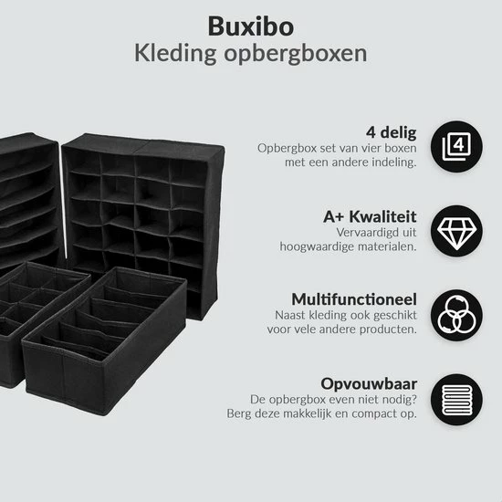 Buxibo Kleding Opbergbox Set - Opvouwbare Kastlade Verdeler / Onder Bed Organizer Opberger - BH/Sokken/Ondergoed - Opbergsysteem Met Vakken - 4 Stuks - Zwart 9 Buxibo Kleding Opbergbox Set - Opvouwbare Kastlade Verdeler / Onder Bed Organizer Opberger - BH/Sokken/Ondergoed - Opbergsysteem Met Vakken - 4 Stuks - Zwart - Afbeelding 7