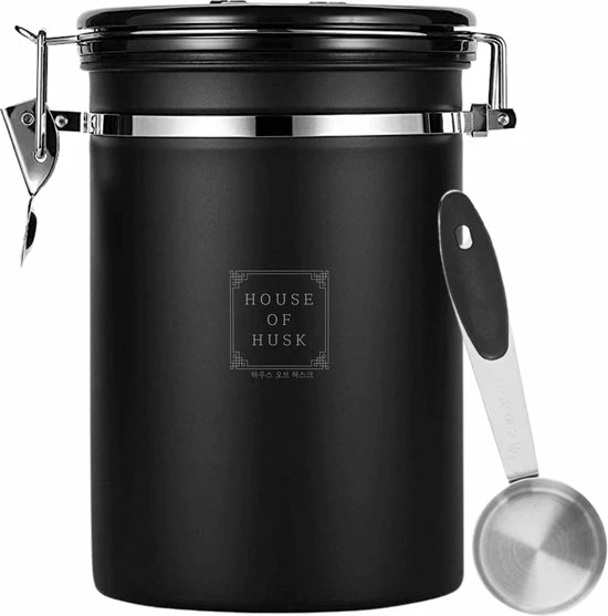 House Of Husk Koffieblik Met CO² Ventilatie - Bewaarblik - Voorraadbussen - Voorraadblik - RVS - Zwart - 1.8 Liter 3 House Of Husk Koffieblik Met CO² Ventilatie - Bewaarblik - Voorraadbussen - Voorraadblik - RVS - Zwart - 1.8 Liter