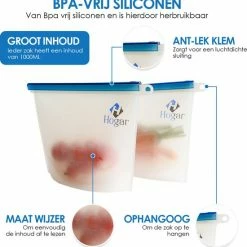 Vershoudzakjes Van Hogar - Siliconen Vershoudzakken - Herbruikbaar Diepvrieszakjes - Meal Prep - Set Van 5 - BPA Vrij - Verwarmbaar - Invriesbaar - Vaatwasser Bestendig - Duurzaam -Lesser & Pavey-winkel 550x559 1