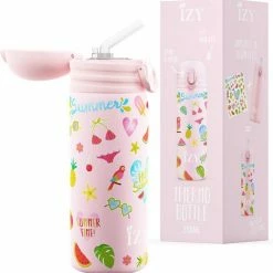 IZY Bottles - Pastel Roze Zomer | 350 ML | Kinderen | Thermosfles | Drinkfles | Waterfles | Schoolfles | Isoleerfles | Beker | Schoolbeker | Drinkbeker | Koud | Warm | Fles | Kinder | Back To School | 350ml