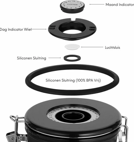 House Of Husk Koffieblik Met CO² Ventilatie - Bewaarblik - Voorraadbussen - Voorraadblik - RVS - Zwart - 1.8 Liter 4 House Of Husk Koffieblik Met CO² Ventilatie - Bewaarblik - Voorraadbussen - Voorraadblik - RVS - Zwart - 1.8 Liter - Afbeelding 2