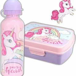 KliederZ Broodtrommel + Drinkfles Unicorn | Lunchbox Voor Kinderen | Eenhoorn Roze LS03a