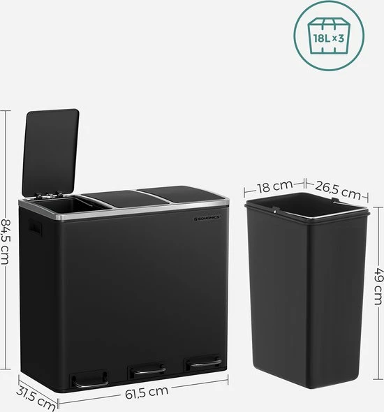 Merkloos Signature Home Prullenbak, Vuilnisbak Voor De Keuken, Afvalscheidingssysteem, 3 X 18 L, Pedaalemmer Met 3 Vakken, Zwart 7 Merkloos Signature Home Prullenbak, Vuilnisbak Voor De Keuken, Afvalscheidingssysteem, 3 X 18 L, Pedaalemmer Met 3 Vakken, Zwart - Afbeelding 5