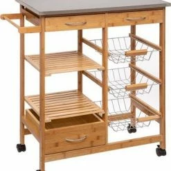 Wooners Keukentrolley Bamboe Op Wielen - Keukenwagen - Houten Serveerwagen Met Metalen Bovenblad - 37 X 73.5 X 86 Cm