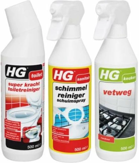 HG Reiniger Schimmelreiniger, Vetweg, Toiletreiniger Actieverpakking 3 HG Toppers 3 HG Reiniger Schimmelreiniger, Vetweg, Toiletreiniger Actieverpakking 3 HG Toppers