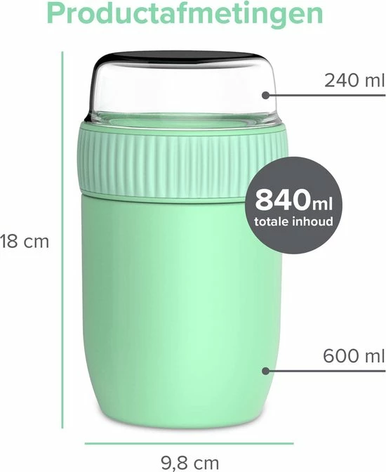 Coninx Thermos Lunchbox - Muesli Beker To Go - Yoghurtbeker To Go - Mueslibeker 840ml (600ml+240ml) - RVS / Groen 9 Coninx Thermos Lunchbox - Muesli Beker To Go - Yoghurtbeker To Go - Mueslibeker 840ml (600ml+240ml) - RVS / Groen - Afbeelding 7