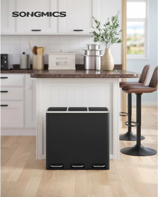Merkloos Signature Home Prullenbak, Vuilnisbak Voor De Keuken, Afvalscheidingssysteem, 3 X 18 L, Pedaalemmer Met 3 Vakken, Zwart 9 Merkloos Signature Home Prullenbak, Vuilnisbak Voor De Keuken, Afvalscheidingssysteem, 3 X 18 L, Pedaalemmer Met 3 Vakken, Zwart - Afbeelding 7
