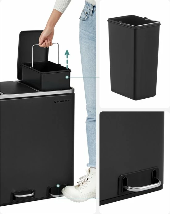 Merkloos Signature Home Prullenbak, Vuilnisbak Voor De Keuken, Afvalscheidingssysteem, 3 X 18 L, Pedaalemmer Met 3 Vakken, Zwart 6 Merkloos Signature Home Prullenbak, Vuilnisbak Voor De Keuken, Afvalscheidingssysteem, 3 X 18 L, Pedaalemmer Met 3 Vakken, Zwart - Afbeelding 4
