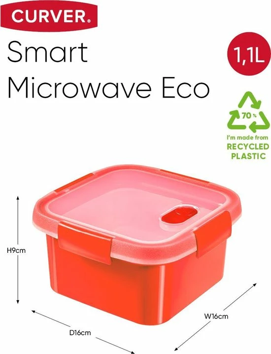 Curver Smart Microwave Eco Steamer Vierkant 1,1L + Stoomtray - Rood 5 Curver Smart Microwave Eco Steamer Vierkant 1,1L + Stoomtray - Rood - Afbeelding 3