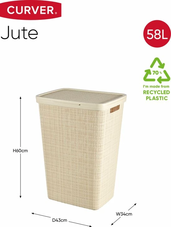Curver Jute Wasmand Met Deksel 58L + Wasmand 46L - Gebroken Wit - Recycled Kunststof 5 Curver Jute Wasmand Met Deksel 58L + Wasmand 46L - Gebroken Wit - Recycled Kunststof - Afbeelding 3