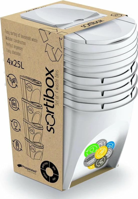Prosperplast Set Van 4x Kunststof Afvalscheidingsbakken Wit Van 25 Liter - Scheidingsprullenbakken 7 Prosperplast Set Van 4x Kunststof Afvalscheidingsbakken Wit Van 25 Liter - Scheidingsprullenbakken - Afbeelding 5