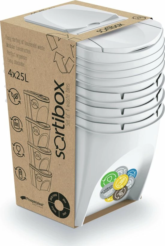 Prosperplast Set Van 4x Kunststof Afvalscheidingsbakken Wit Van 25 Liter - Scheidingsprullenbakken 9 Prosperplast Set Van 4x Kunststof Afvalscheidingsbakken Wit Van 25 Liter - Scheidingsprullenbakken - Afbeelding 7